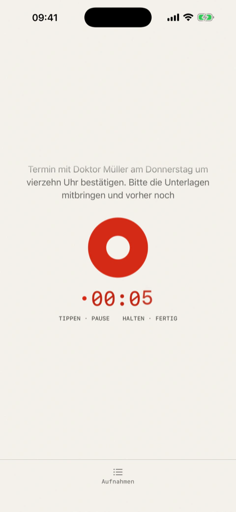 Hallig-Aufnahmebildschirm: Live-Vorschau, roter Aufnahmeknopf, Timer