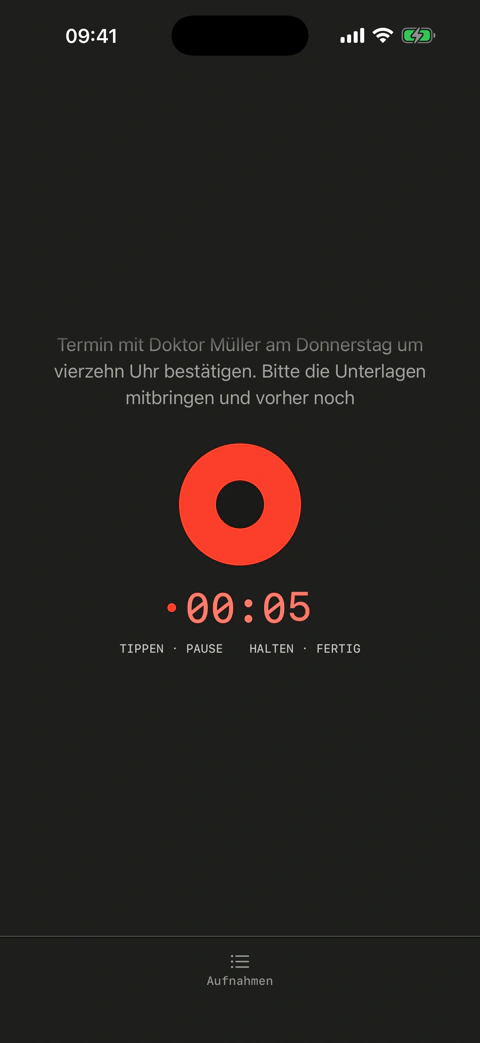 Hallig-Aufnahmebildschirm: Live-Vorschau, roter Aufnahmeknopf, Timer