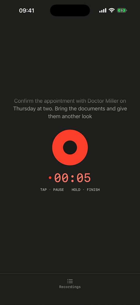 Hallig recording screen: live preview, red record button, timer