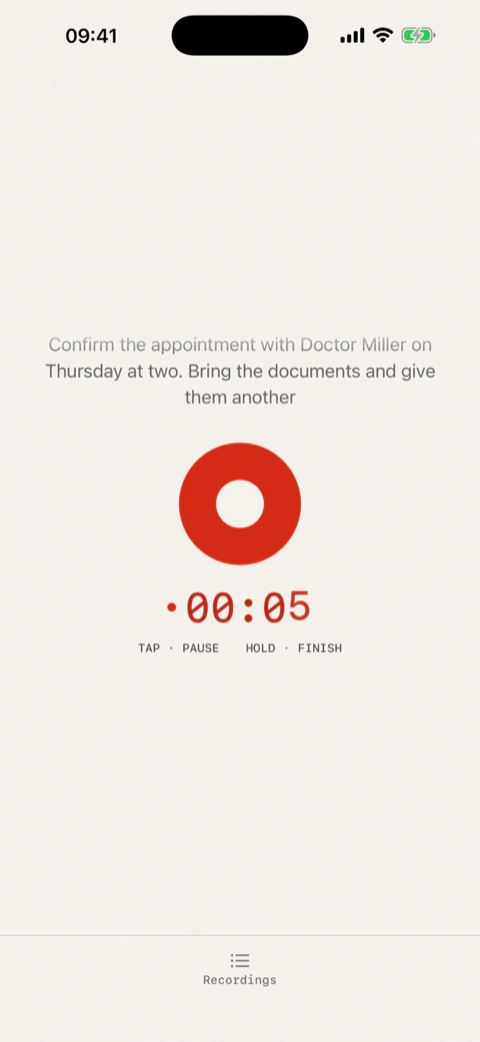 Hallig recording screen: live preview, red record button, timer