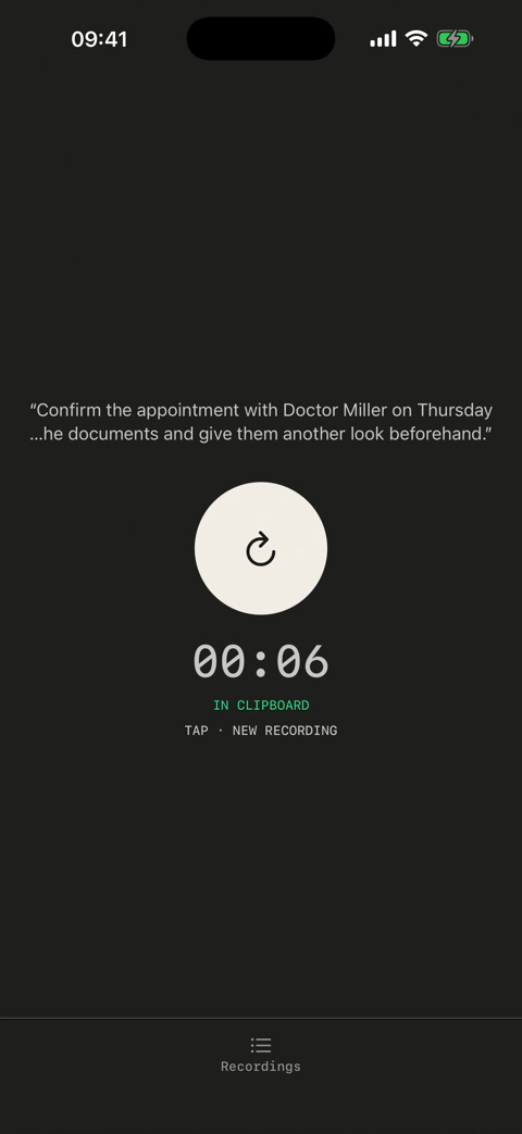 Hallig after stopping: the button turns near-black, the text is in the clipboard