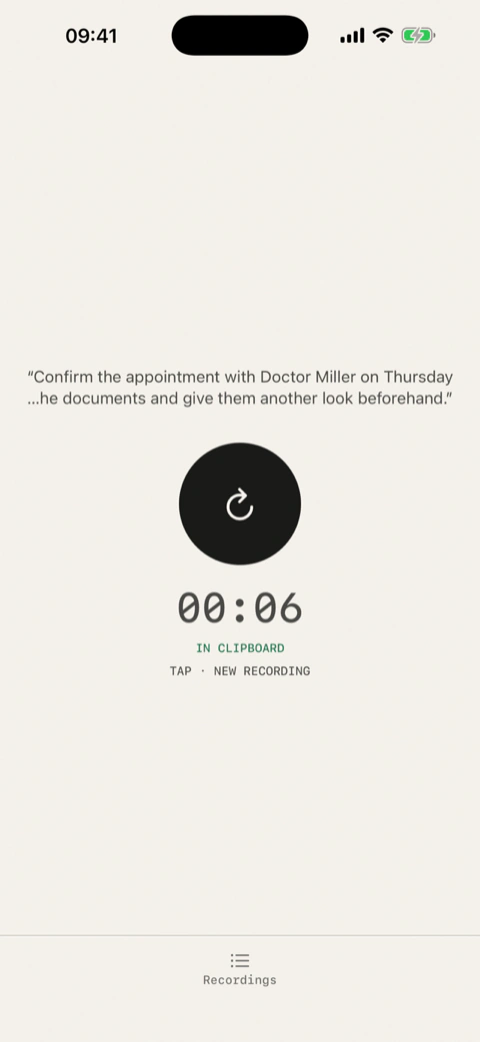 Hallig after stopping: the button turns near-black, the text is in the clipboard