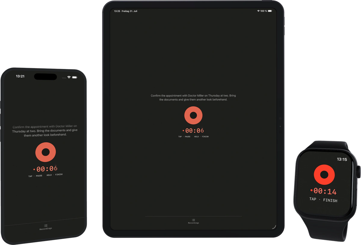 Hallig auf iPhone, iPad und Apple Watch. Aufnahmebildschirm mit rotem Aufnahmeknopf.